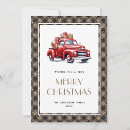 Tarjeta navideña Red Truck Plaid Merry