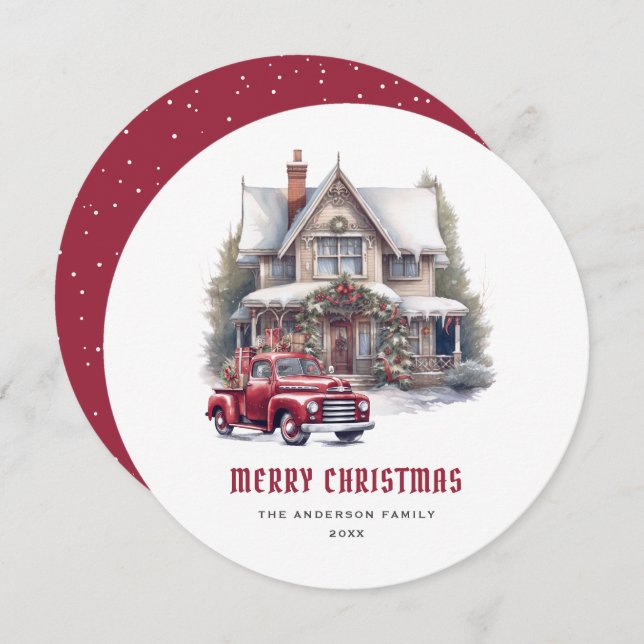 Tarjeta navideña Red Truck Winter Wonderland Merry (Anverso / Reverso)