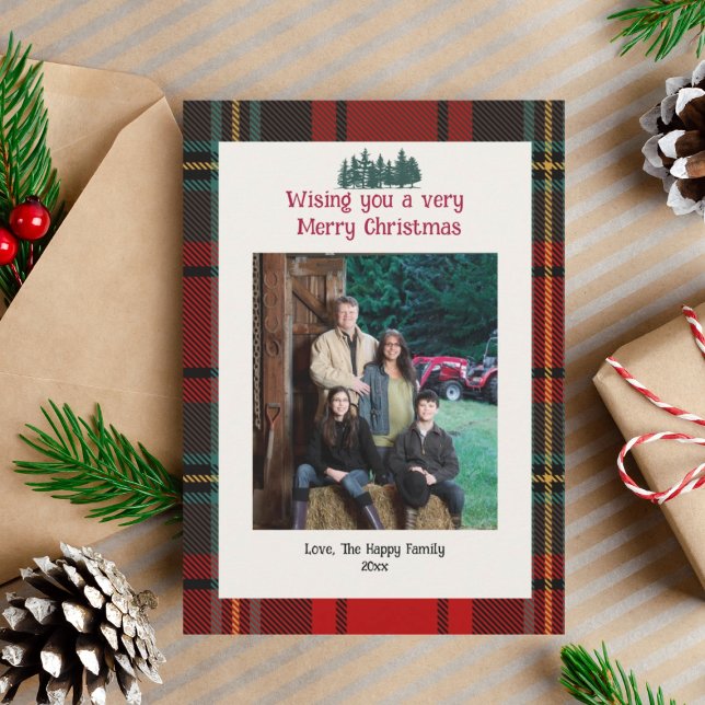 Tarjeta navideña RedTartan Plaid Photo Merry (Red tartan plaid with green forest of trees. Personalize your own photo and family name.
)