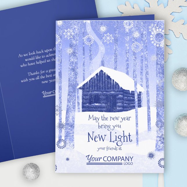 Tarjeta navideña Rustic Blue Log Cabin Company (blue logo company holiday greeting cards, blue Christmas cards, trees forest cabin in the snow)