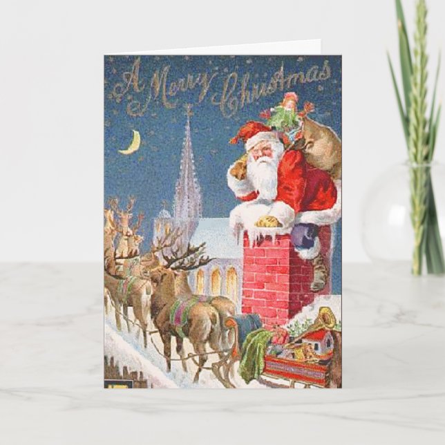 Tarjeta navideña Santa Sleigh y Chimney Vintage (Anverso)