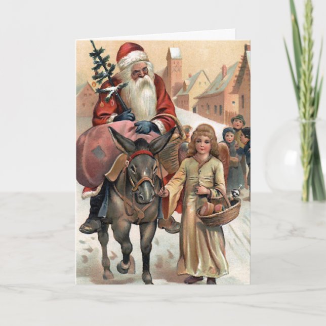 Tarjeta navideña Santa sobre el burro (Anverso)