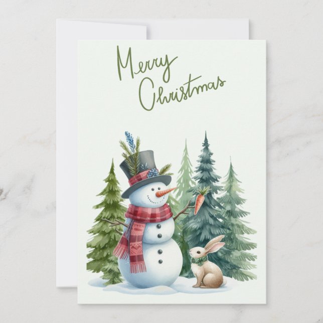 Tarjeta navideña Snowman and Rabbit Merry (Anverso)