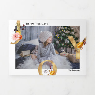 Tarjeta navideña Tri-Fold de vacaciones Gold JOY m