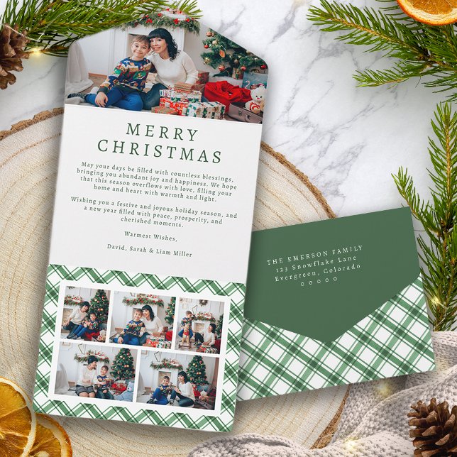 Tarjeta navideña trifoldada de cuadros verdes y bl (Green and White Plaid Holiday Trifold Card
)
