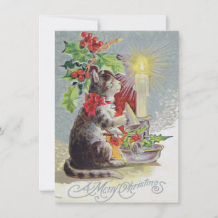 Tarjeta navideña vintage con gato y holly