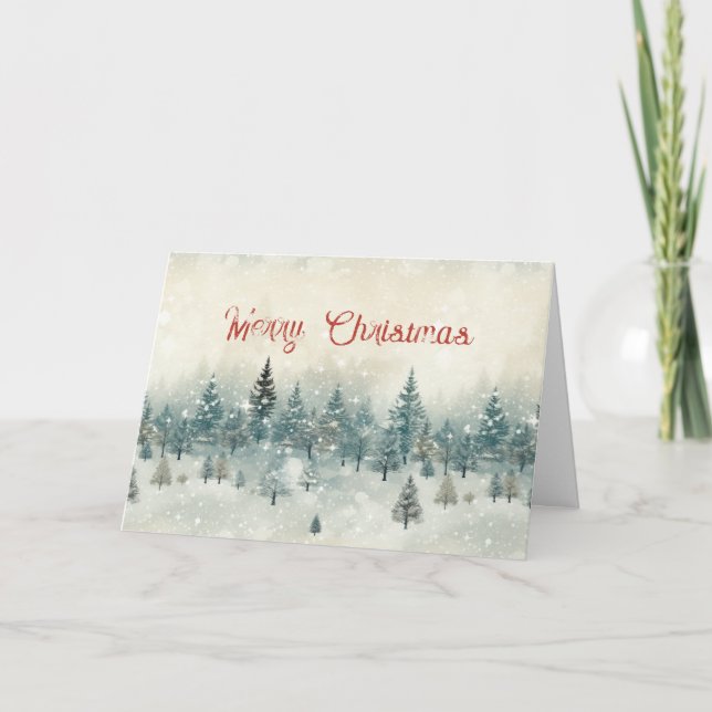 Tarjeta navideña vintage de pinos con nieve (Anverso)