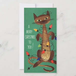 Tarjeta navideña vintage para gato con luces
