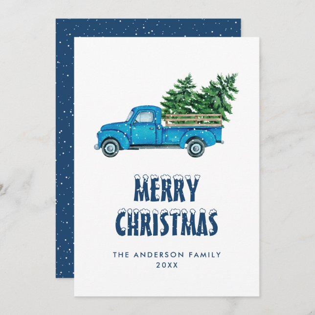 Tarjeta navideña Watercolor Blue Truck Snow Merry (Anverso / Reverso)