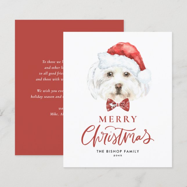 Tarjeta navideña Watercolor Cute maltés Santa Merr (Anverso / Reverso)