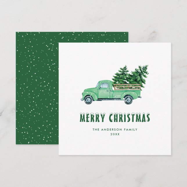 Tarjeta navideña Watercolor Green Truck Merry (Anverso / Reverso)