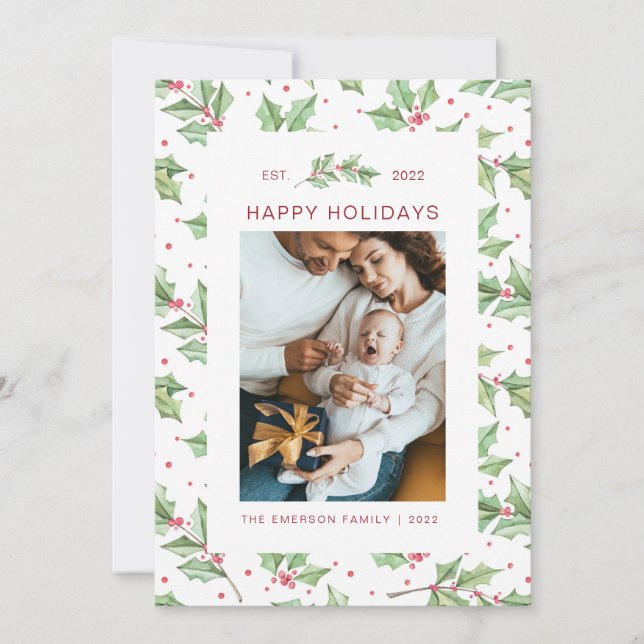 Tarjeta navideña Watercolor Holly Berries para nav (Anverso)