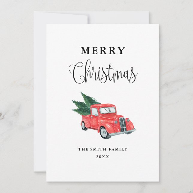 Tarjeta navideña Watercolor Red Truck Merry (Anverso)