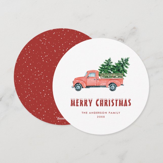 Tarjeta navideña Watercolor Red Truck Snow Merry (Anverso / Reverso)