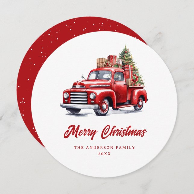 Tarjeta navideña Watercolor Red Truck Snow Merry (Anverso / Reverso)