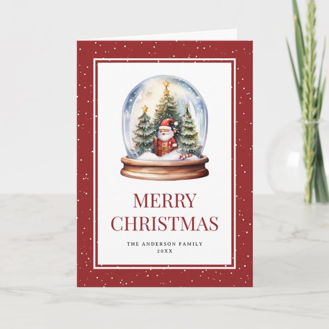 Tarjeta navideña Watercolor Snow Globe Red Merry (Anverso)