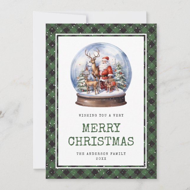 Tarjeta navideña Watercolor Snow Globe Santa Merry (Anverso)