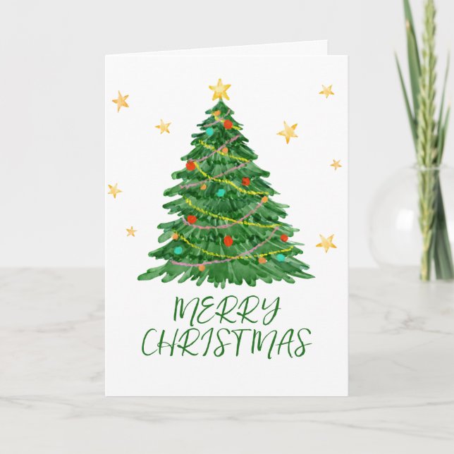 Tarjeta navideña Watercolor Tree Merry (Anverso)
