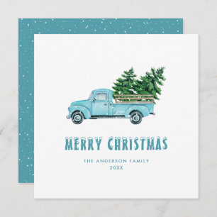 Tarjeta navideña Watercolor Vintage Blue Truck Mer