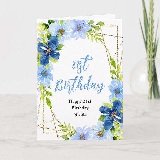 Tarjeta Navy and Baby Blue Floral Birthday (Anverso)