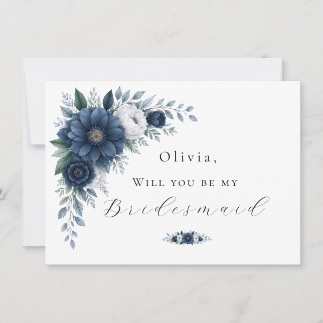 Tarjeta  Navy and dusty Blue floral bridesmaid proposal  (Anverso)