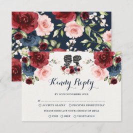 Tarjeta Navy Burgundy Rubor Watercolor Flower Wedding RSVP