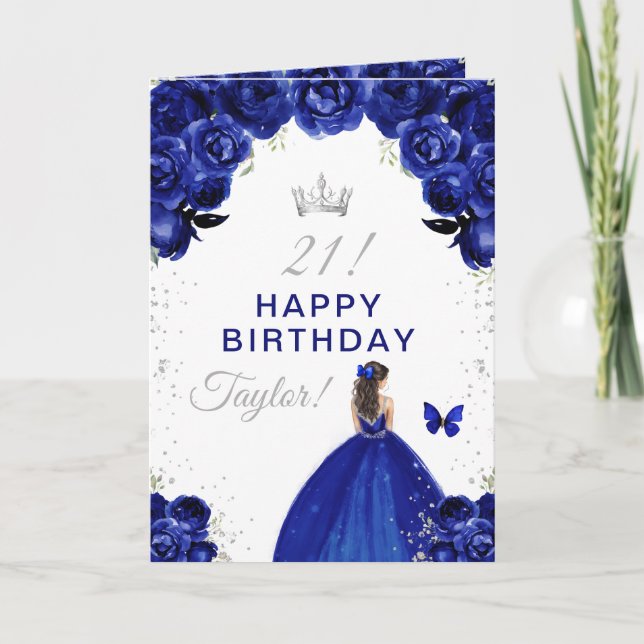 Tarjeta Navy Floral Brunette Hair Chica Feliz cumpleaños (Anverso)