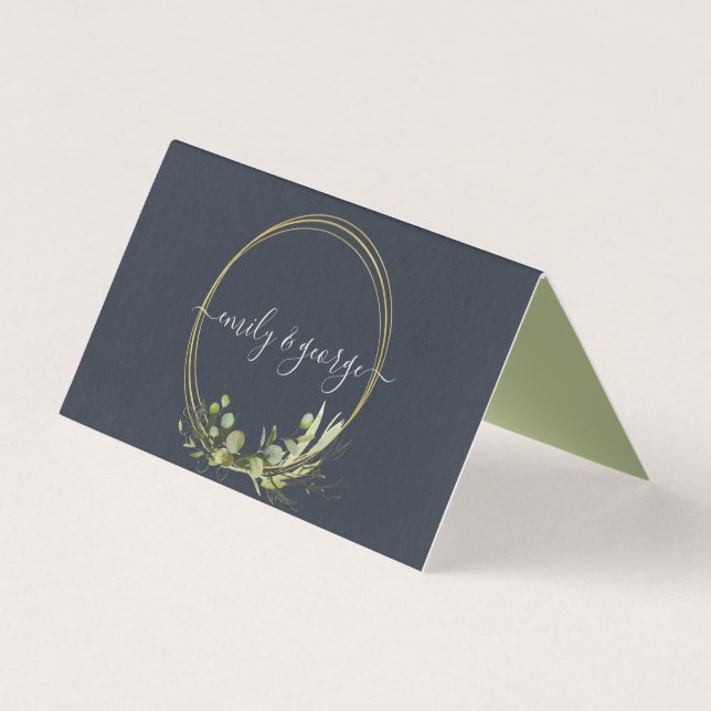 TARJETA NAVY LEAFY GREEN GOLD FOLIAGE BODA CARTA DE LUGAR (Reverso)