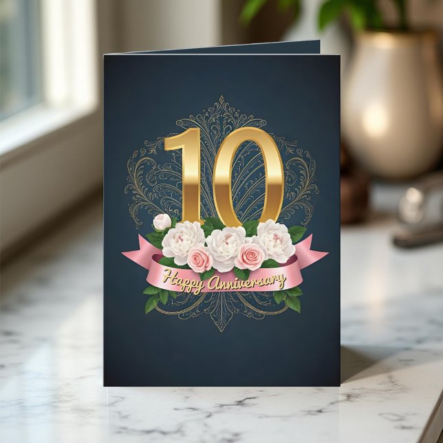 Tarjeta Navy Peony Rosa Ribbon 10° Aniversario Boda (Subido por el creador)