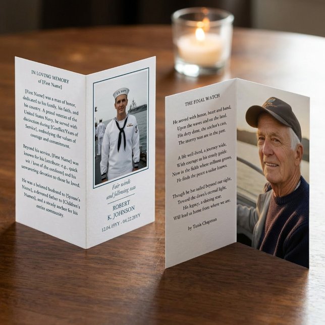 Tarjeta Navy Veteran Memorial Photo Poem Prayer Card (Folded prayer card with 2 photos, mini eulogy and poem (all wording editable))