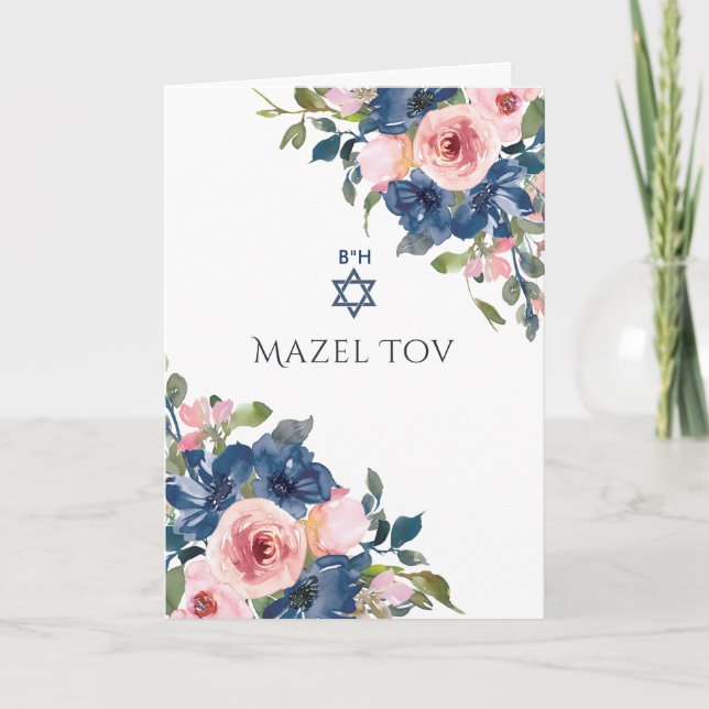 Tarjeta Navy y Rubor Floral Bat Mitzvah Saludo (Anverso)