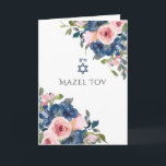 Tarjeta Navy y Rubor Floral Bat Mitzvah Saludo<br><div class="desc">Las tarjetas de felicitación mitzvah de murciélago floral color rosa y azul marino a la moda personalizable a los detalles del evento.</div>
