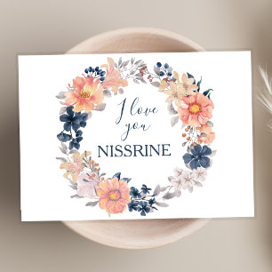 Tarjeta Navy y Rubor Floral Wreath te quiero saludar