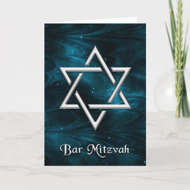 Tarjeta Nebulosas azules de Mitzvah de la barra y estrella (Anverso)