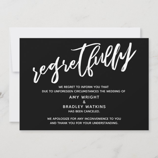 Tarjeta Negra de Boda Cancelada Simple con Pesar (Anverso)