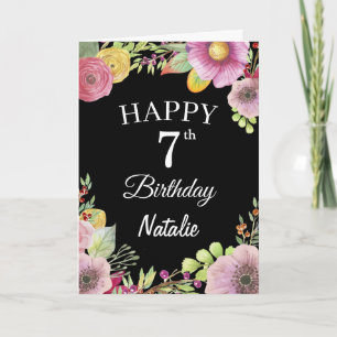 Tarjeta negra de flores florales de acuarela de cu