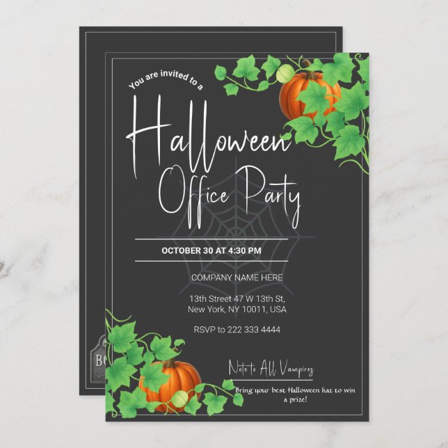 Tarjeta negra de invitaciones de Office Halloween (Anverso / Reverso)