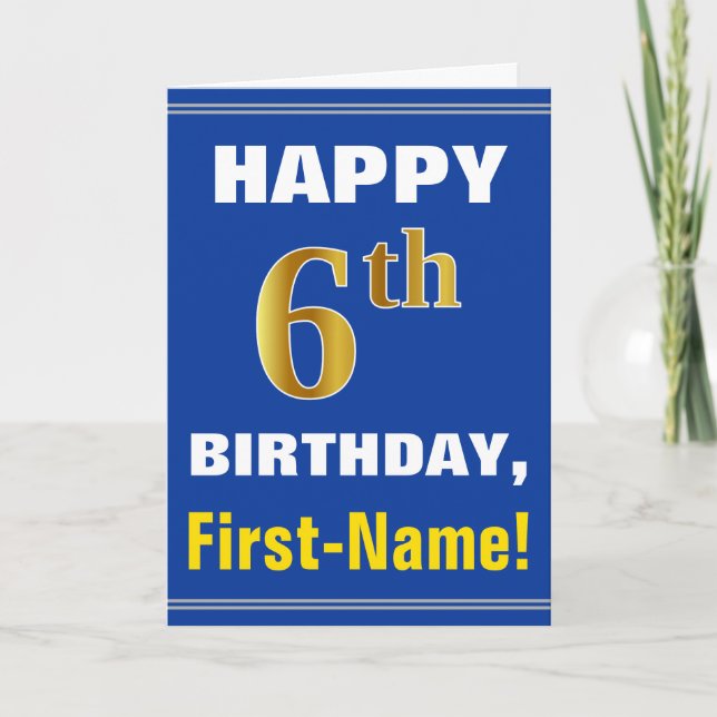 Tarjeta Negrita, Azul, Dorado Falso Cumpleaños 6 con Tarje (Anverso)