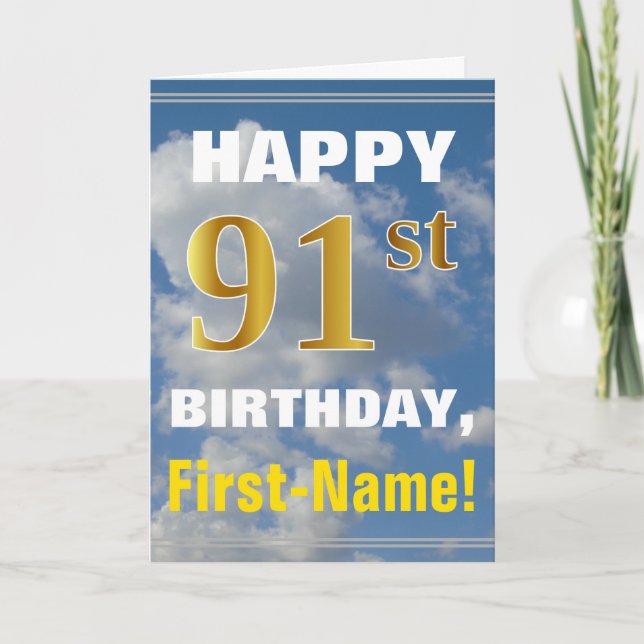 Tarjeta Negrita, cielo nublado, Faux Gold 91st Birthday +  (Anverso)