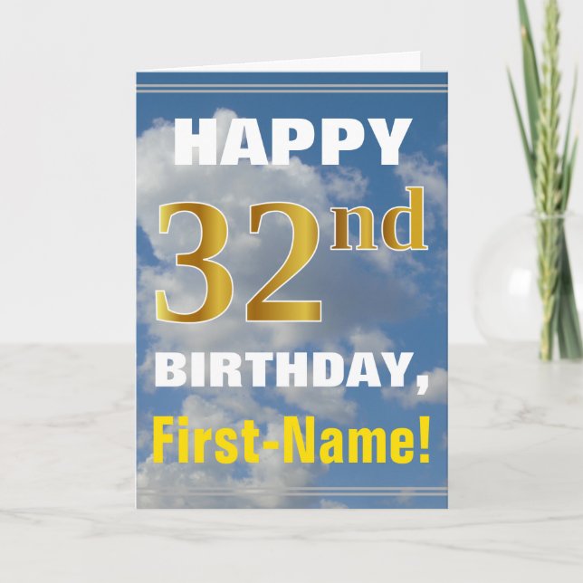Tarjeta Negrita, cielo nublado, oro falso 32 cumpleaños +  (Anverso)