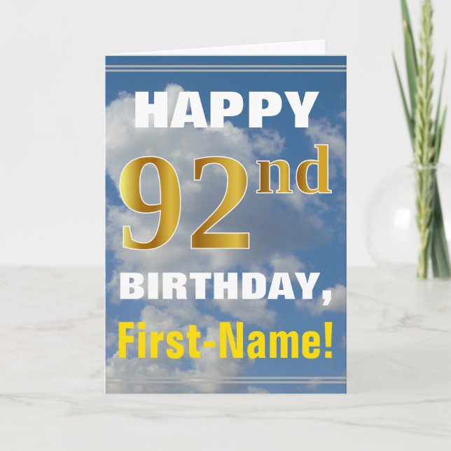 Tarjeta Negrita, cielo nublado, oro falso 92º cumpleaños + (Anverso)