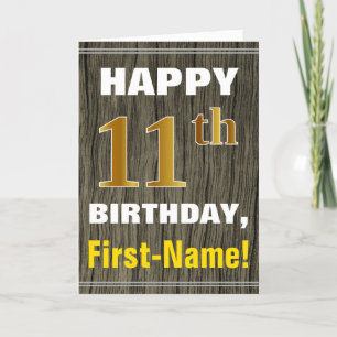 Tarjeta Negrita, Faux Wood, Faux Gold 11 cumpleaños + nomb