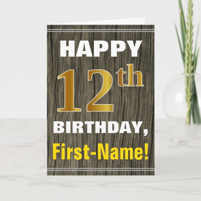 Tarjeta Negrita, Faux Wood, Faux Gold 12th Birthday + Name (Anverso)