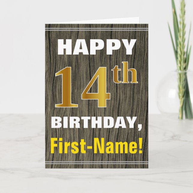 Tarjeta Negrita, Faux Wood, Faux Gold 14th Birthday + Name (Anverso)