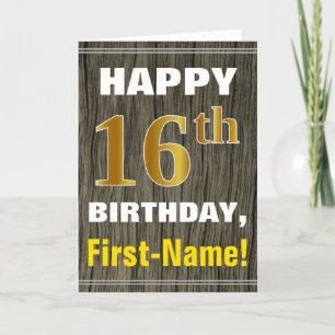 Tarjeta Negrita, Faux Wood, Faux Gold 16th Birthday + Name