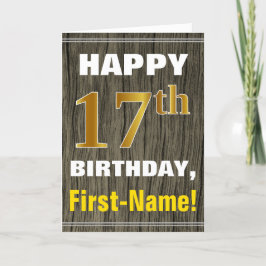 Tarjeta Negrita, Faux Wood, Faux Gold 17th Birthday + Name
