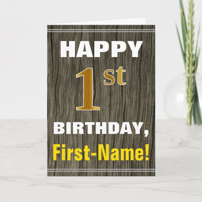 Tarjeta Negrita, Faux Wood, Faux Gold 1er cumpleaños + Nom (Anverso)