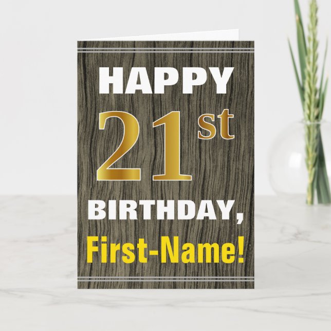 Tarjeta Negrita, Faux Wood, Faux Gold 21 cumpleaños + Nomb (Anverso)