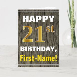 Tarjeta Negrita, Faux Wood, Faux Gold 21 cumpleaños + Nomb
