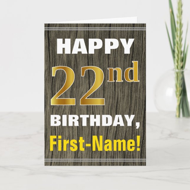 Tarjeta Negrita, Faux Wood, Faux Gold 22 cumpleaños + Nomb (Anverso)